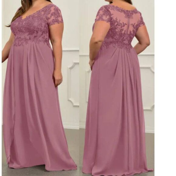 Azazie Plus Size Lace‎ Pleated Flowy Maxi Dress Prom Bridesmaid Mauve Size14 NWT - Picture 1 of 7